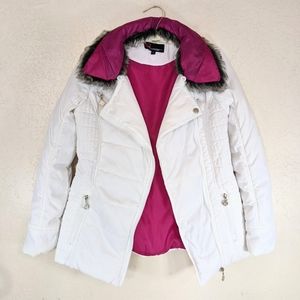 Puffer Quilted Jacket S White Pink Gray Blk Removable Faux Fur Collar Barbiecore